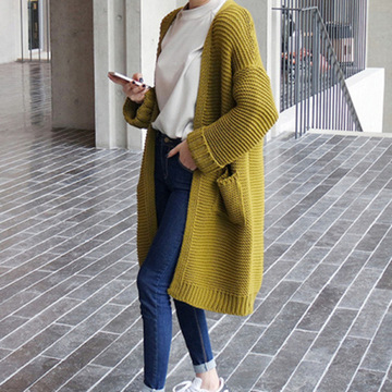 2016秋冬季新款韩版时尚百搭长款针织开衫女式加厚口袋毛衣外套
