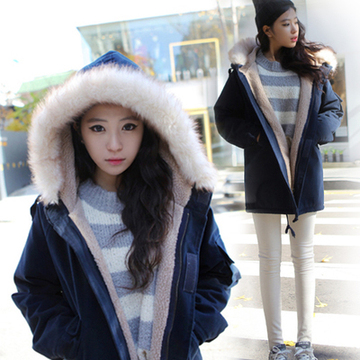 冬季韩版学院风羊羔绒工装棉衣修身显瘦中长款加厚学生棉服外套女