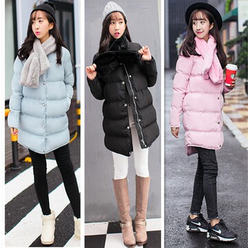 冬季韩版女装圆领配围脖加厚保暖时尚中长款面包羽绒棉衣棉袄外套