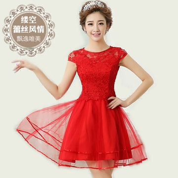 红色订婚礼服女韩版显瘦大码蕾丝结婚一字肩敬酒服新娘短款蓬蓬裙