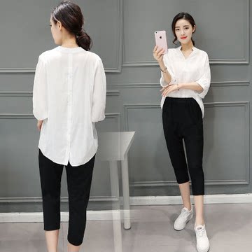 大码女装夏2016新款韩版七分袖上衣裤子套装白衬衫哈伦裤两件套潮