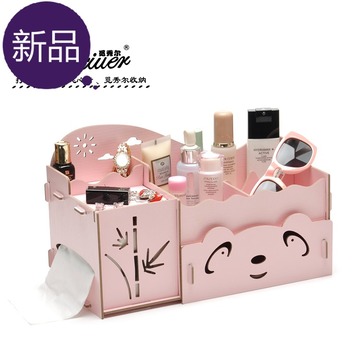 韩国多功能创意桌面整理 熊猫木质化妆品收纳盒抽屉式梳妆首饰