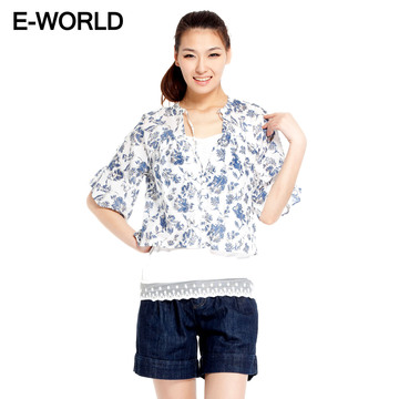 E-WORLD衣我的 女士春夏款两件套V领印花五分袖T恤|I3285