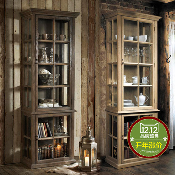 HC 橡木玻璃门展示柜 美式乡村中小户型实木架大书柜餐边柜储物柜