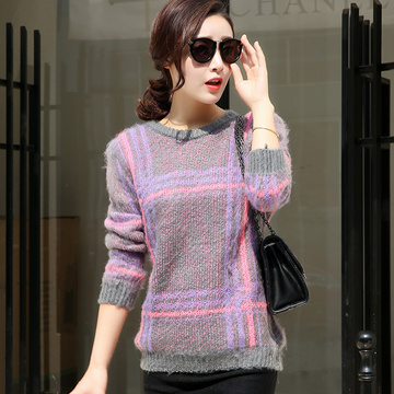 2015年秋冬季韩版新款加厚长袖圆领女装毛衣优雅紫色条纹百搭上衣