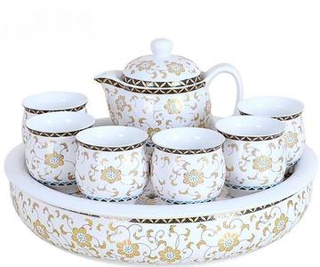 高档茶具 2号盘隔热双层杯陶瓷茶盘茶具套装 金藤花 多款可选