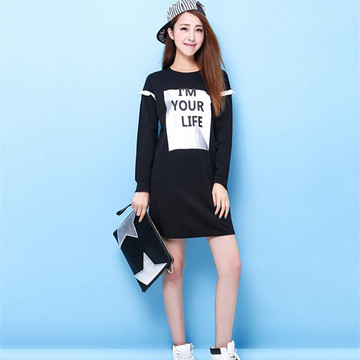 2015韩版中长款长袖T恤女装 秋季大码修身字母印花连衣裙女 圆领