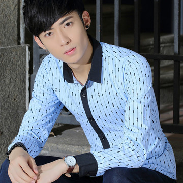 2016春夏韩版修身时尚拼接条纹男式衬衫休闲条纹男士长袖衬衫