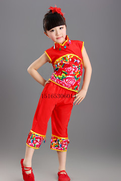 包邮女童民族舞蹈演出服幼儿舞台表演服装少儿童现代秧歌服红绿色