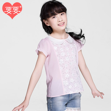 大童13-15岁短袖T恤2015夏装韩版女童装新款雪纺衫女孩娃娃领上衣