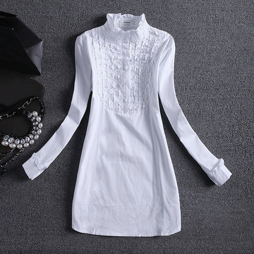 欧洲站2016春装新款白色衬衣女长袖 韩版修身大码套头中长款衬衣