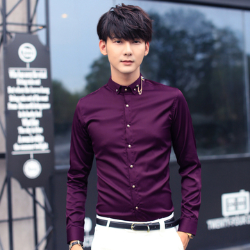 韩版男士紫色衬衣英伦修身长袖衬衫男青少年潮流夜店男装衬衣纯色