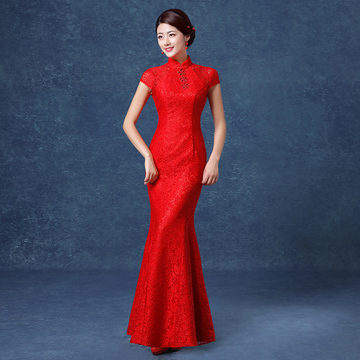新款夏季短旗袍结婚红装敬酒服女旗袍中国风日常修身改良蕾丝礼服
