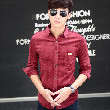 法比森男士秋季长袖衬衫 2015新款韩版大码秋装 青年纯色休闲衬衣