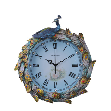 欧式创意挂钟 客厅豪华大气古典孔雀全静音时钟 树脂艺术壁挂钟表