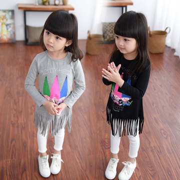童装2015女童秋装新款韩版卡通儿童宝宝长袖卫衣裙流苏T恤衫上衣