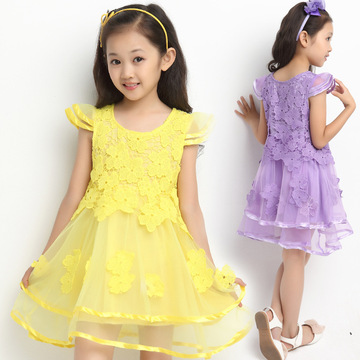 儿童连衣裙 女童短袖花朵连衣裙短裙 2015大童黄色裙子六一表演裙