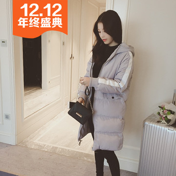 棉衣女韩国新款2015直筒修身拼色连帽棉袄中长款加厚保暖棉服外套