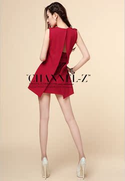 2015春夏新款韩版欧美时尚个性后露背腰带修身无袖纯色显瘦连衣裙