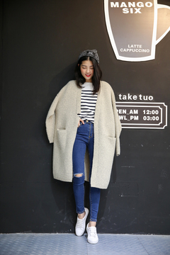 2015秋冬新款韩版女装针织开衫大衣中长款厚毛衣外套兔毛开衫风衣