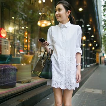 2015春装新款韩版休闲中长款拼接蕾丝长袖衬衣裙女大码白色衬衫裙