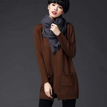 SUMI女装2015秋冬新款纯色长袖中长款毛衣女士冬季宽松套头针织衫