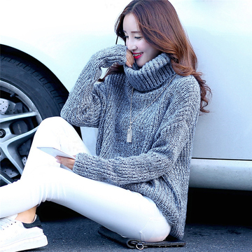 2015秋冬新款女装高领毛衣女加厚宽松外套韩版长袖针织衫套头毛衣