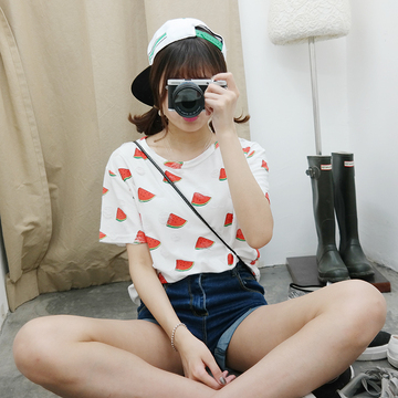 夏季学院风可爱西瓜满身涂鸦印花宽松短款短袖T恤女韩版学生上衣