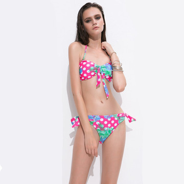2015新款粉色圆点蝴蝶结可爱性感比基尼bijini系带挂脖沙滩泳衣