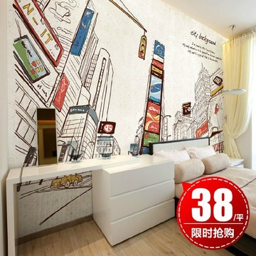 大型壁画墙纸 手绘现代简约休闲吧壁画壁纸 咖啡馆客厅背景墙壁纸