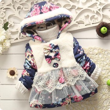 2015冬季新款童装女童保暖外套宝宝棉衣加厚儿童碎花蕾丝保暖棉服