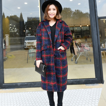 2015秋季新款三色韩版中长款格子毛呢外套呢大衣女W725