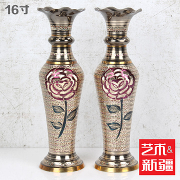 巴基斯坦铜器 16寸玫瑰雕刻 特色家居饰品一对花瓶 手工艺品 摆件