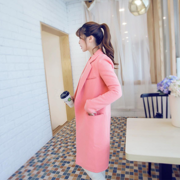 2015新款韩版中长款大码时尚休闲毛呢外套女修身加厚妮子大衣潮