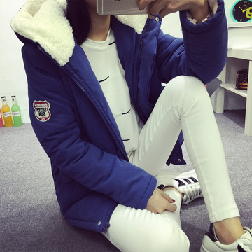 2015冬装新款韩版加厚羊羔绒棉服女外套毛绒带帽袖章棉衣修身棉袄