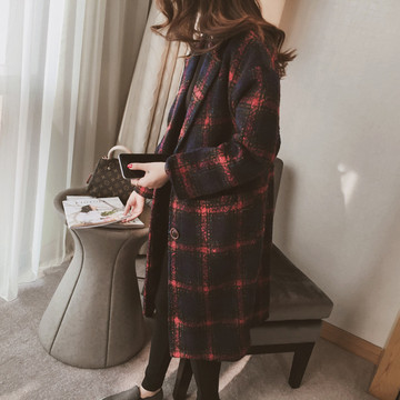 2015冬季女装新款韩版西装领修身毛呢外套女士长款单排扣格子大衣