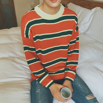 2016秋季韩版圆领套头针织衫 撞色条纹青少年男士毛衣潮
