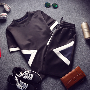2015夏季新品韩版时尚运动休闲拼接男士运动短裤T恤套装包邮