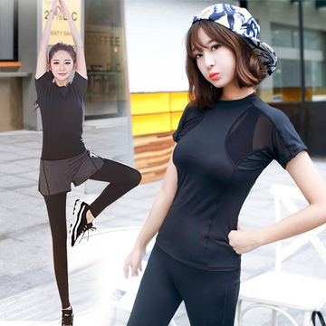 韩版新款瑜伽服三件套女健身跑步运动训练服性感拼接速干显瘦套装