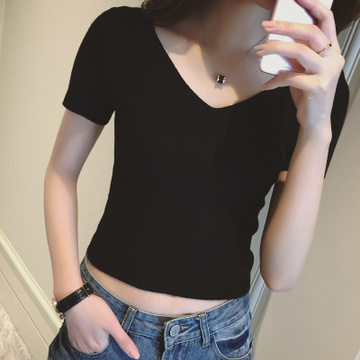 2016前后V领性感黑色修身夏短袖套头紧身T恤上衣女短款针织衫薄韩