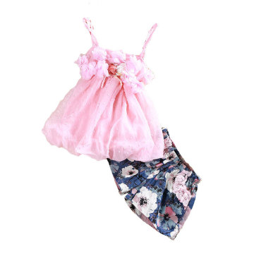 女童套装 2016夏季新款立体花雪纺吊带+大花朵短裤儿童两件套现货