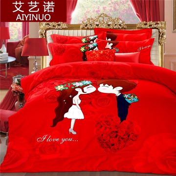 冬季纯棉磨毛加厚新婚庆床单四件套 大红色全棉结婚情侣床上用品