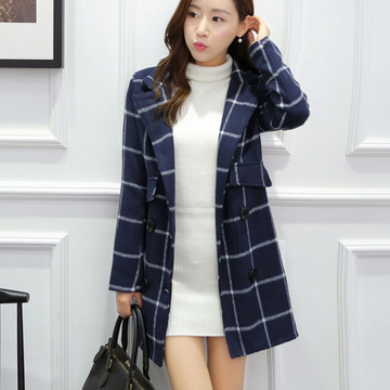 2015秋冬季新款OL毛呢子外套韩版直筒格子大衣冬季中长款外套女潮