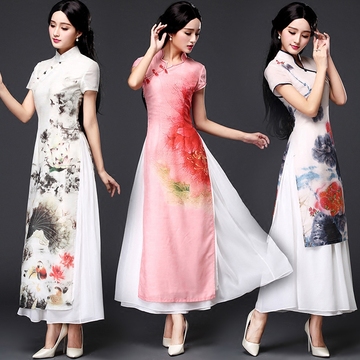 越南奥黛新款真丝麻中式大码女士旗袍长款修身显瘦改良旗袍连衣裙
