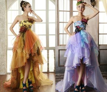包邮2016新款韩版前短后长小拖尾紫色花朵新娘婚纱伴娘礼服演出服