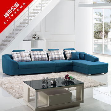 简约现代 客厅三人贵妃椅组合转角小户型布艺沙发北欧蓝色布沙发