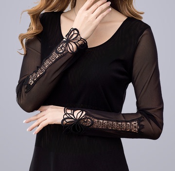 2015黑色网纱打底衫秋季新款女装蕾丝长袖圆领T恤薄纱衣