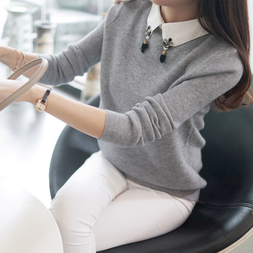 秋冬新款2015韩版女装长袖针织衫女包芯纱套头纯色衬衣领毛衣