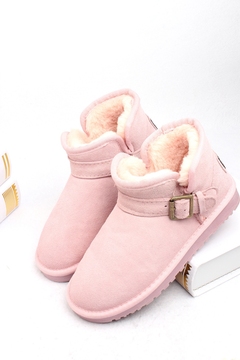 2015冬季新品粉色雪地靴女牛皮 搭扣女靴子 加厚短筒棉鞋低帮女鞋