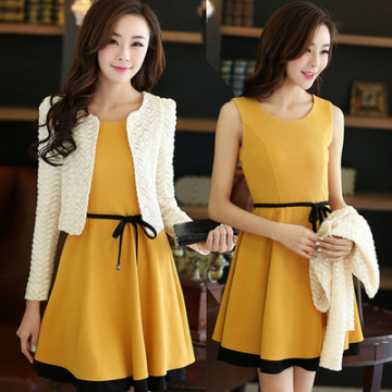 2015秋装大码女装新款韩版气质修身背心裙长袖两件套连衣裙套装女